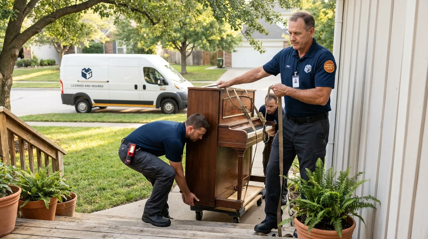 Licensed piano movers securing grand piano in Amelia, OH