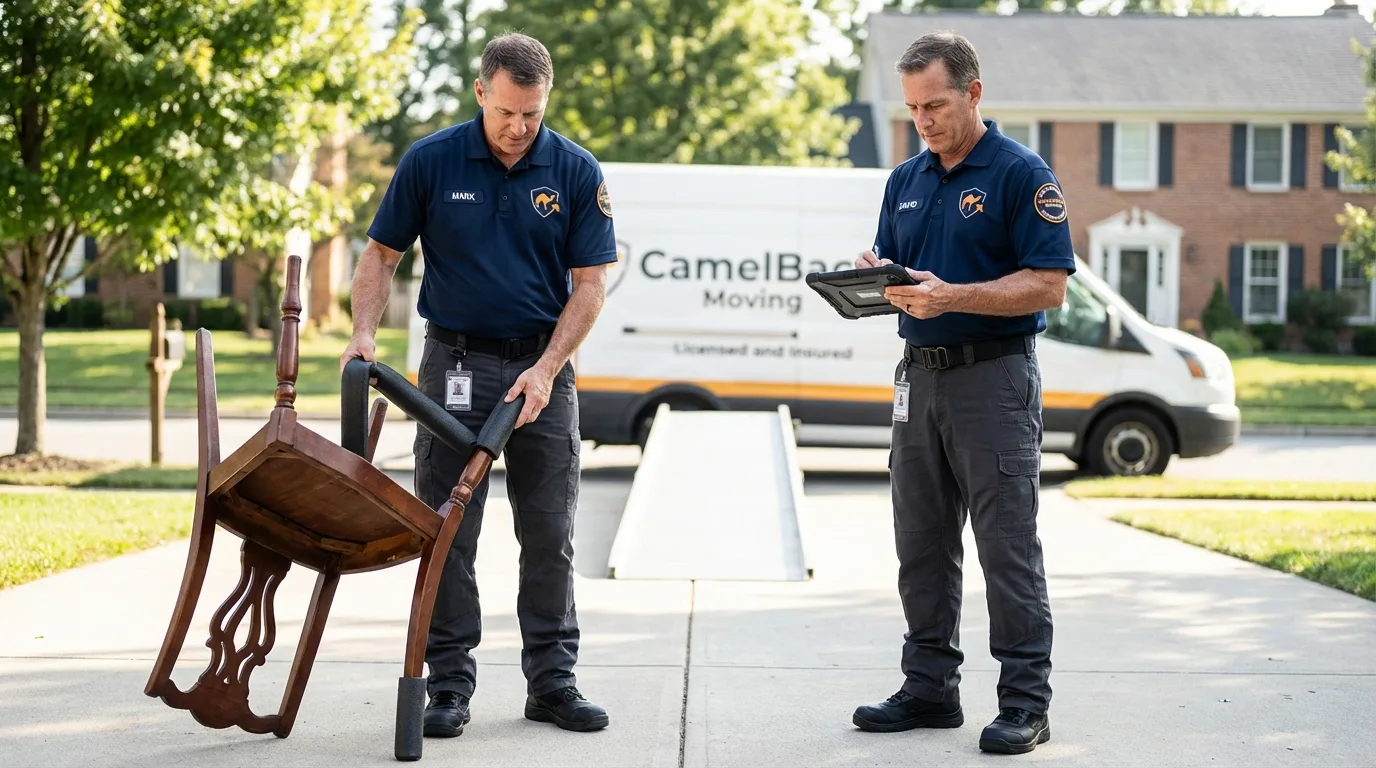 Movers inspecting furniture for damage prevention before loading in Amelia, OH