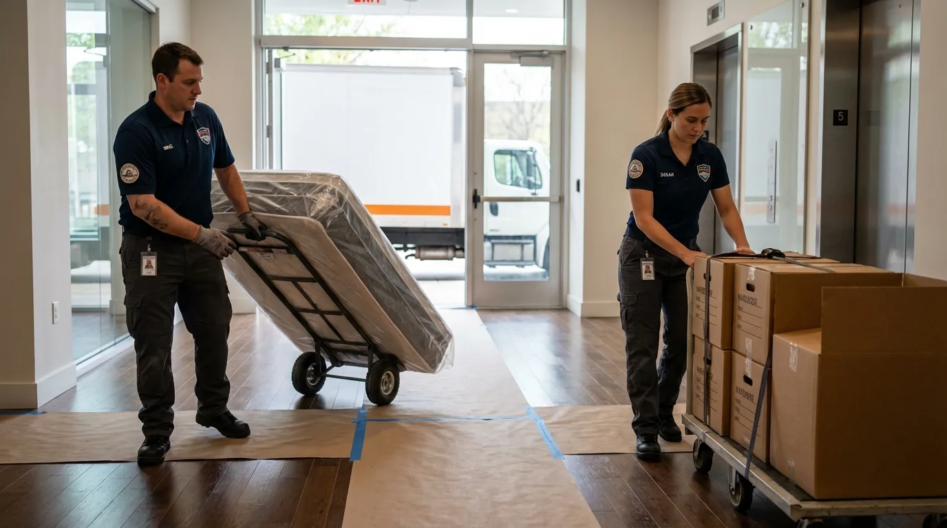 Professional apartment movers loading elevator in Amelia, OH