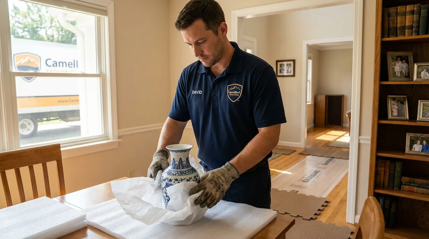 Professional crew carefully wrapping antique vase for senior downsizing move in Amelia, OH